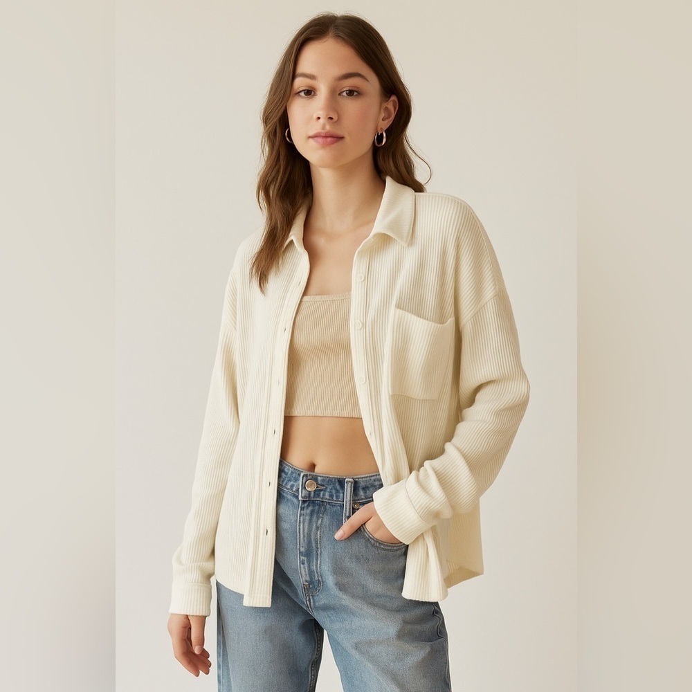 Z Supply Soft Ribbed Button Down Shirt | Medium | Ivory